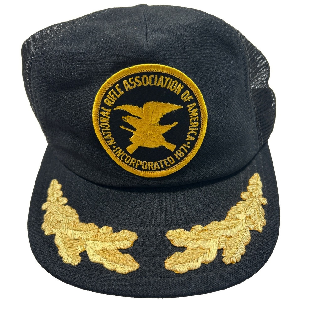 Vintage NRA Black Trucker Cap Hat Snap Back Gold Leaf Made In USA Mesh Back